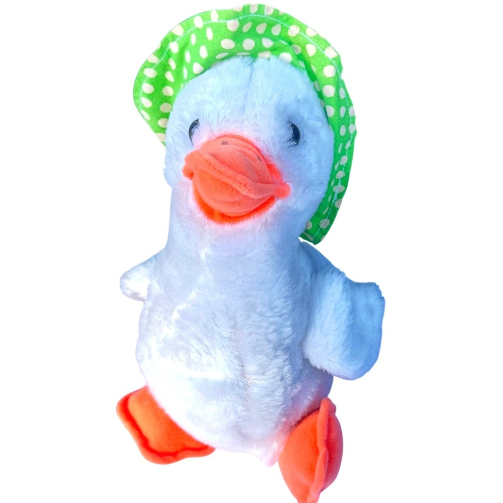 Mighty Star White Duckling Plush Green Polka Dot Sun Hat 10in Stuffed Animal